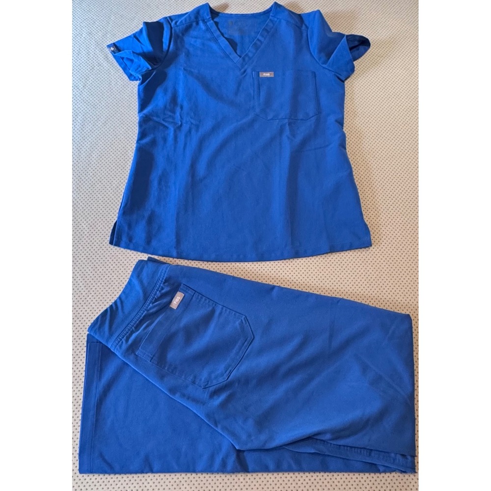 Figs Technical Collection Scrub Set Royal Blue V-Neck Top Straight Pants XXS
